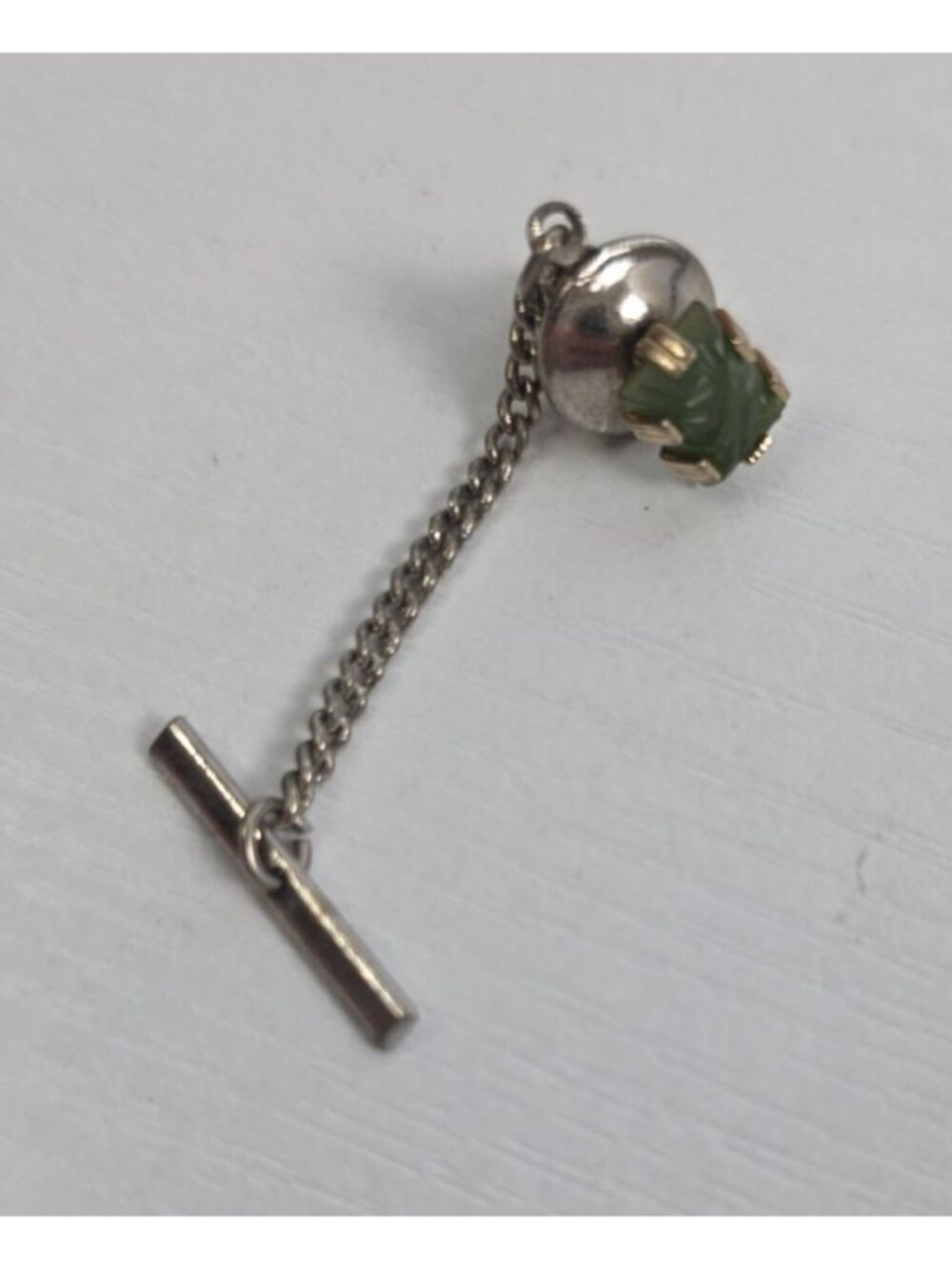 Vintage Carved Green Jade Tie Tack, Gold Tone Prongs with Security Chain & T-Bar
